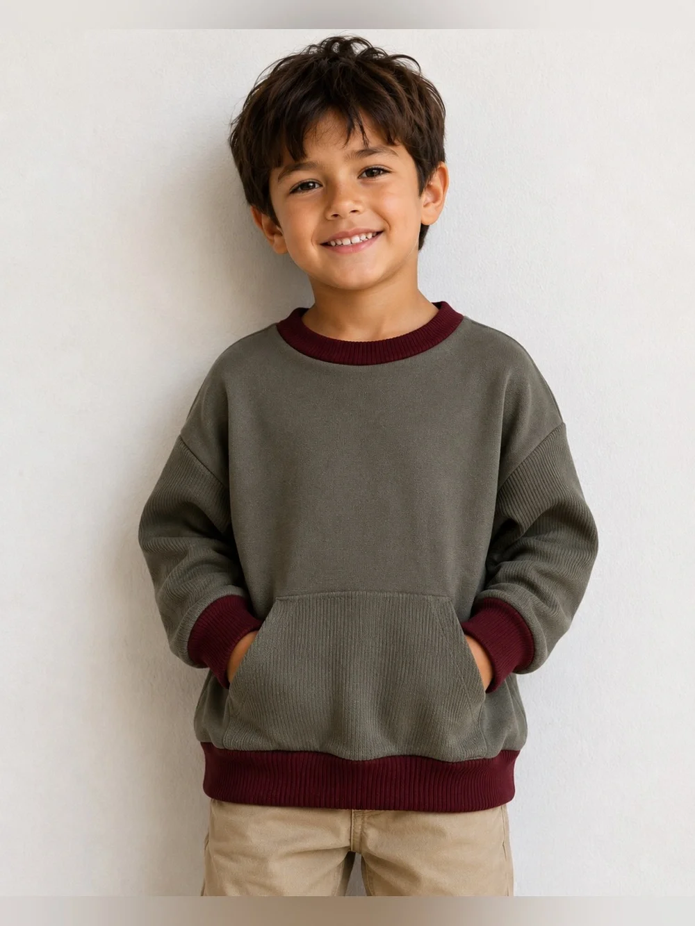 Zara Kids Knit Crewneck Pullover Sweater Olive Green Burgundy Size 3-4‎ Years